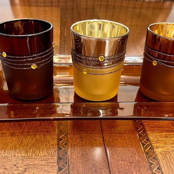 Elegant Decorative Votive Candle Holders - Set of 3 on Amber Crackle Glass Tray - Picture 2 of 14